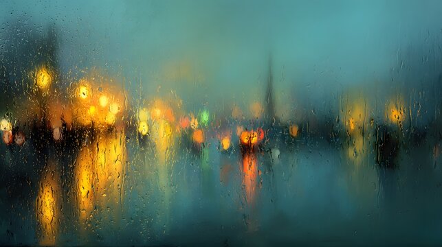Blurred city lights glisten through raindrops on a windowpane at dusk.
