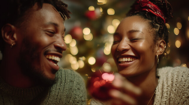 Celebrating Christmas Day in USA Joyful African American Couple Decorating a Christmas Tree, Sharing Laughter and Holiday Spirit - Powered by Adobe