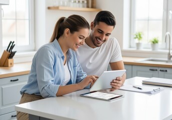 Cheerful couple using technology to manage their home life and finances in the kitchen.