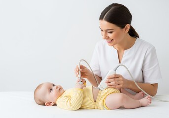 Pediatrician using ultrasound machine to examine infant lying on white examination table