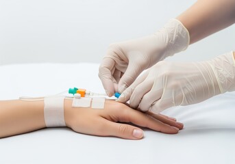 Medical professional hands adjusting IV cannula on patient hand during hospital treatment