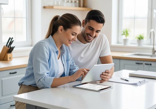 Cheerful couple using technology to manage their home life and finances in the kitchen.