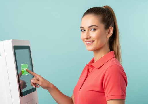 Smiling young woman confirming transaction on a modern self service touchscreen kiosk