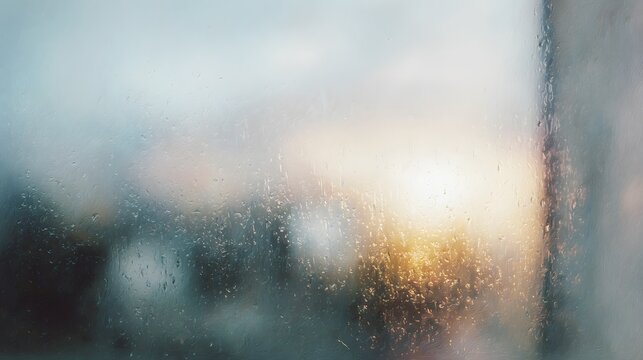 Raindrops on window glass with soft blurry golden light filtering through.