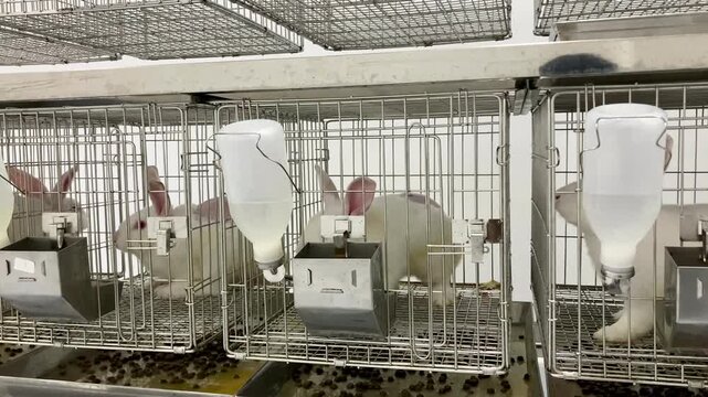several white rabbits housed in individual metal cages, in a laboratory or animal testing facility