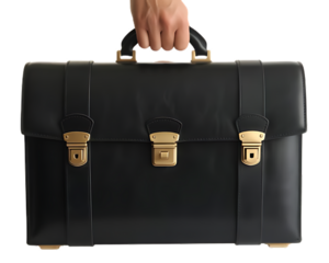 Male Hand Carrying Retro Black Briefcase with Brass Locks 
