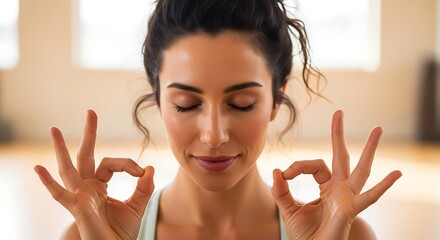 Serene Young Woman Practicing Meditation and Yoga with Gyan Mudra Gesture Indoors