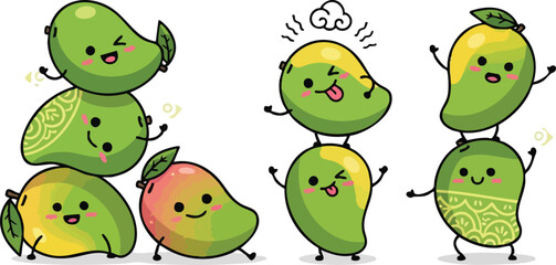 Fototapeta premium Cute Pixel Art Mango Characters Dancing and Stacked Together in Various Poses
