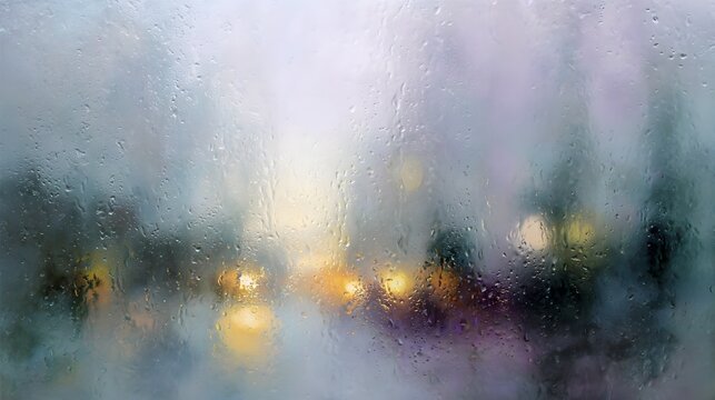 Raindrops on glass create blurred lights and soft atmospheric background.