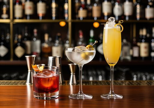 Three elegant craft cocktails including a negroni, martini, and a yellow fizz drink on a dark wooden bar counter
