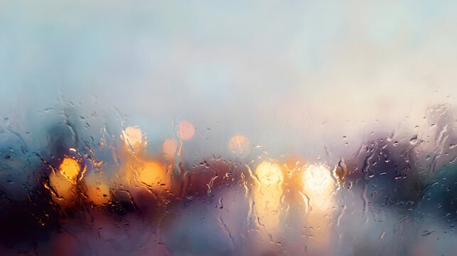 Raindrops on a window blur glowing lights of a city at dusk.