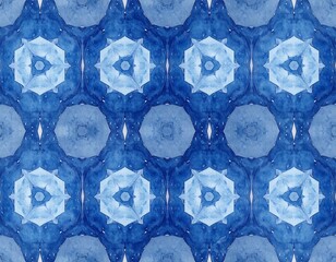 Blue kaleidoscopic pattern of geometric shapes, watercolor