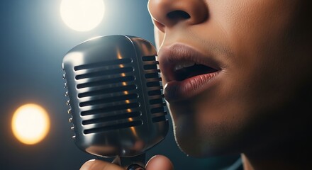 Close up of Soulful Singer Performing Live into a Vintage Chrome Microphone on Stage