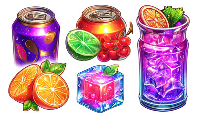 Fototapeta premium Vibrant Beverage Illustration Featuring Cans, Fruits, and Ice in Bright Colors