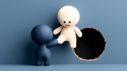 Clay figures depicting assistance and support in a challenging situation.