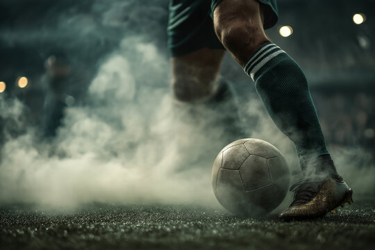 A soccer player's lower leg and foot, wearing a cleat, push a worn leather ball across a foggy field under stadium lights. It symbolizes passion, fierce competition, athletic skill, determination