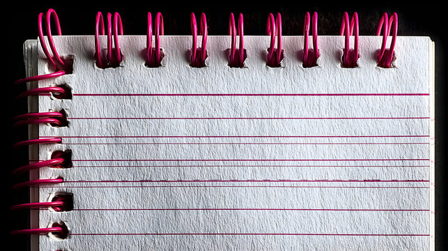 Lined Notebook with Red Spiral Binding on Black Background.
