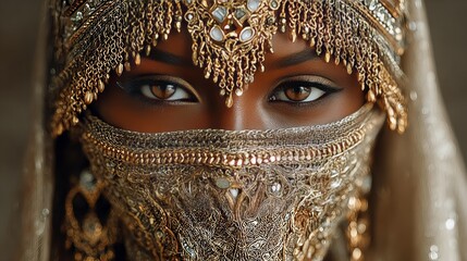 Mysterious Veiled Woman in Ornate Gold