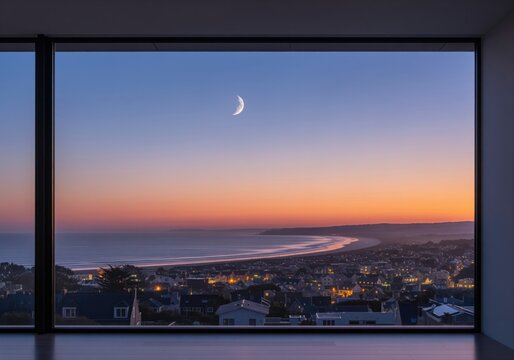 Breathtaking view of a coastal city and crescent moon framed by a modern window at twilight.