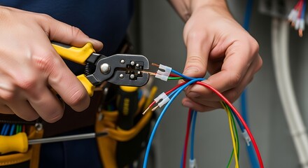 Electrician Stripping Wires for Electrical Wiring Installation or Repair Closeup