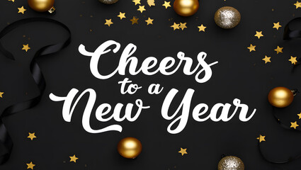Cheers to a new year text with festive gold ornaments and stars