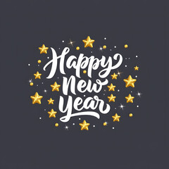 Happy New Year hand-lettered text with golden stars and sparkles