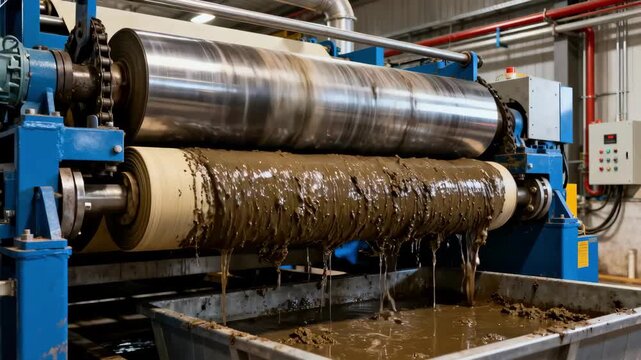 Medium shot capturing a pressuredriven belt press in action illustrating mechanical force squeezing sludge to reduce volume efficiently