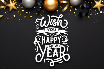 New year wishes typography with festive decorations and confetti