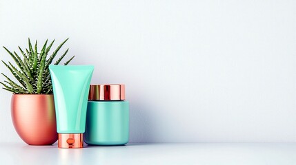 A minimalist arrangement of teal skincare products and a succulent plant in a rose gold pot, suggesting a clean and natural beauty routine.