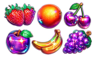 Colorful Fruit Illustration with Glittery Effects on Transparent Background