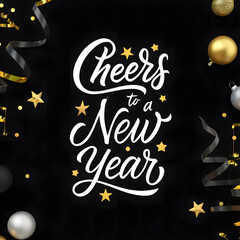 Festive cheers to a new year, lettering with gold party decor