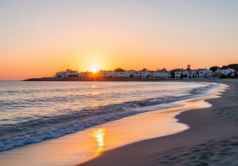 Golden sunset over a mediterranean beach with white coastal villas and gentle ocean waves.