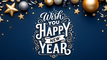 Festive new year greeting with elegant ornaments and gold confetti
