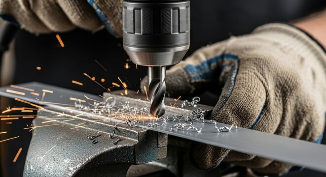 Close up of a skilled mechanic wearing protective gloves using a drill press to create a hole in a metal surface with sparks flying