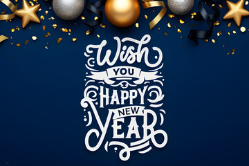 Wish you happy new year text with festive decor on blue