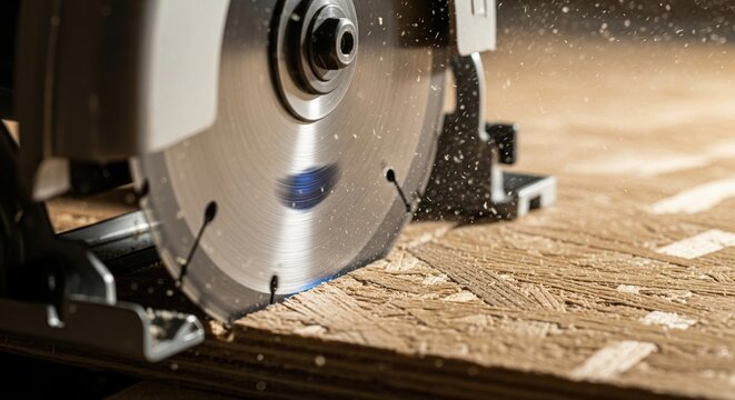 Close up of a circular saw blade cutting through a sheet of oriented strand board osb material with sawdust flying