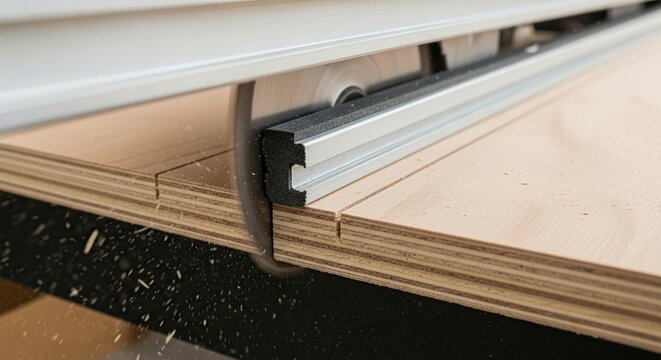 Close up of a table saw fence and guide rail system on a wooden workbench for precise woodworking and diy projects