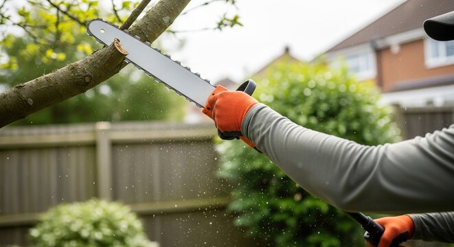 Gardener wearing orange gloves and long sleeves uses a chainsaw to trim branches from a tree in a suburban backyard with a wooden fence and green foliage