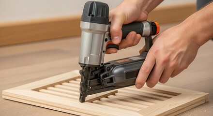 Close up of a person s hands holding a pneumatic nail gun assembling a wooden frame with slats for a diy project or home renovation
