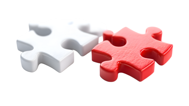 Two interlocking puzzle pieces one white and one red symbolizing connection and problem solving against a black background