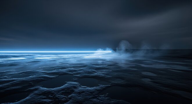 Dramatic ocean waves under dark stormy sky