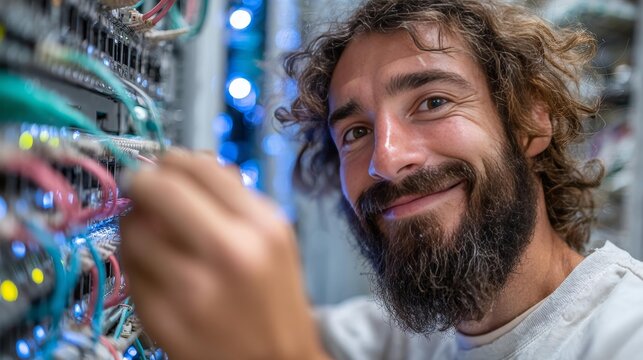 Smiling IT Engineer Connecting Network Cables