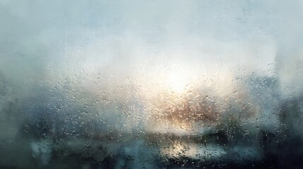 Soft focus rain drops on window glass with diffused sunlight behind.