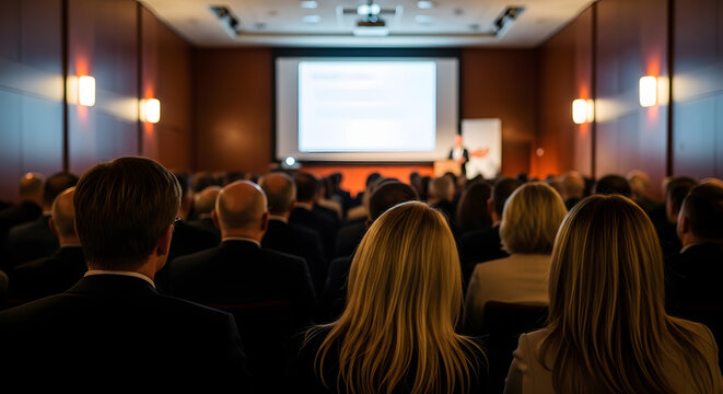 Audience listens attentively during business conference presentation with speaker on stage in modern room