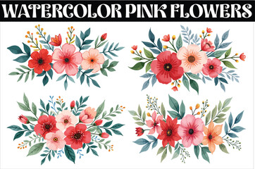 This Watercolor Pink Flowers and Green Leaves