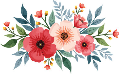 This Watercolor Pink Flowers and Green Leaves