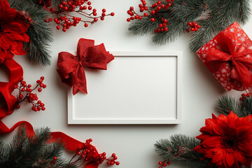 A blank white textured card with a red snowflake bow, framed by pine boughs, red berries, and glittery ornaments. It symbolizes Christmas and New Year's greetings, holiday celebration, gift-giving