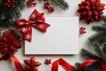 A blank white textured card with a red snowflake bow, framed by pine boughs, red berries, and glittery ornaments. It symbolizes Christmas and New Year's greetings, holiday celebration, gift-giving