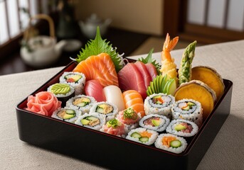 Gourmet japanese sushi platter with assorted sashimi, nigiri, and fresh maki rolls