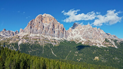 Aerial drone view of the idyllic rocky mountains and forests near Cortina d'Ampezzo, Dolomites, Italy
